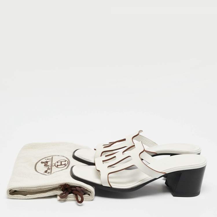 Pre Owned Hermes White Leather Izzy Slide Sandals Size 38.5