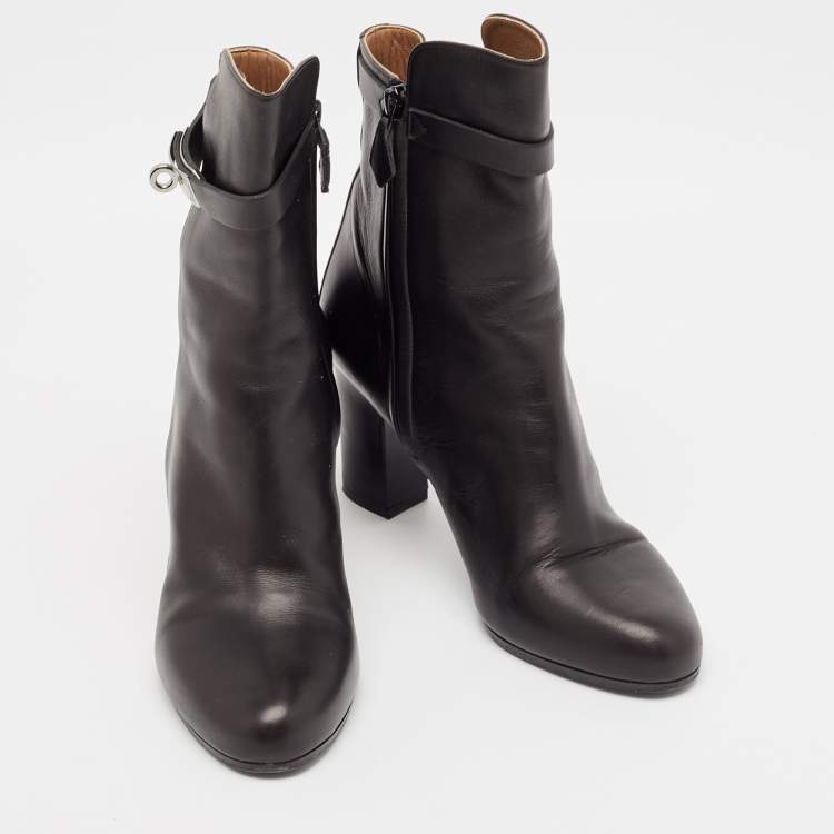 Pre Owned Hermes Black Leather Saint Germain Block Heel Ankle Boots Size 39