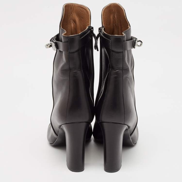 Pre Owned Hermes Black Leather Saint Germain Block Heel Ankle Boots Size 39