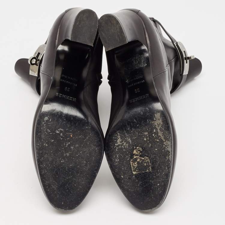 Pre Owned Hermes Black Leather Saint Germain Block Heel Ankle Boots Size 39