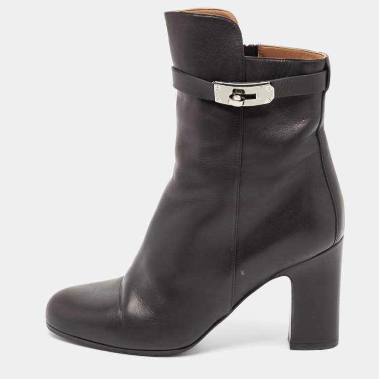 Pre Owned Hermes Black Leather Saint Germain Block Heel Ankle Boots Size 39