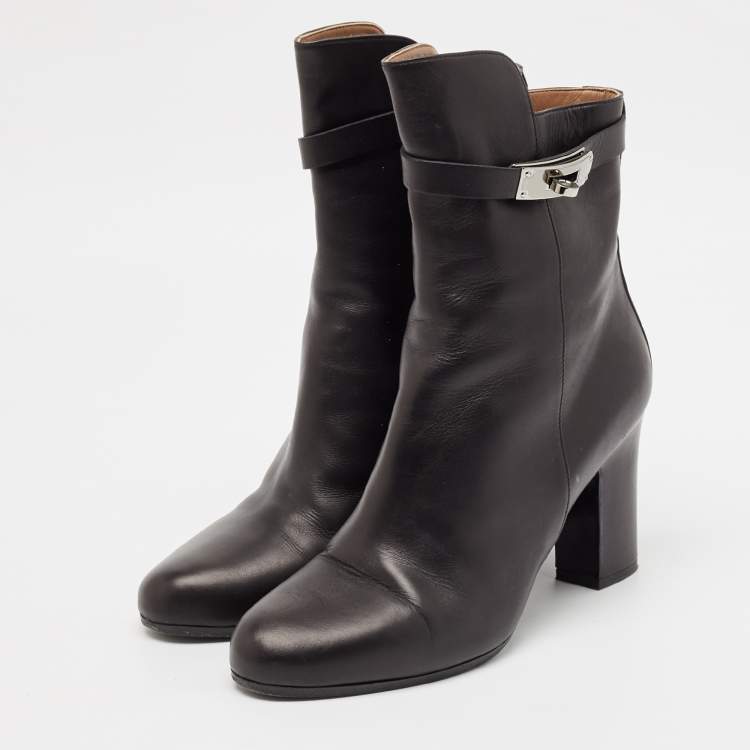 Pre Owned Hermes Black Leather Saint Germain Block Heel Ankle Boots Size 39