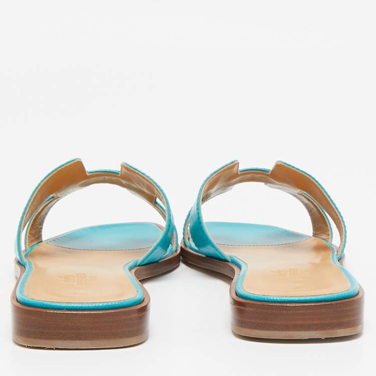 Pre Owned Hermes Turquoise Leather Oran Flat Slides Size 36