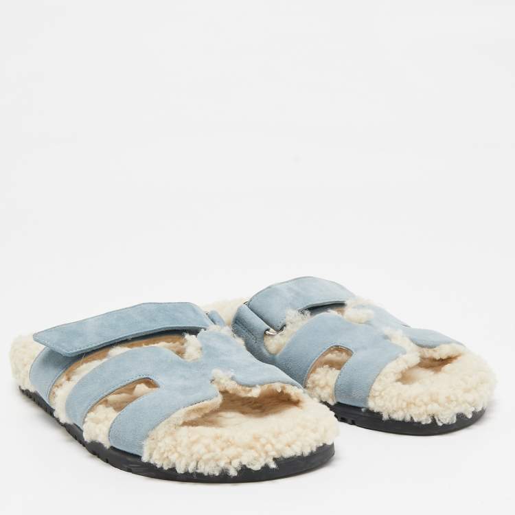 Pre Owned Hermes Blue Fur and Suede Chypre Flat Sandals Size 39