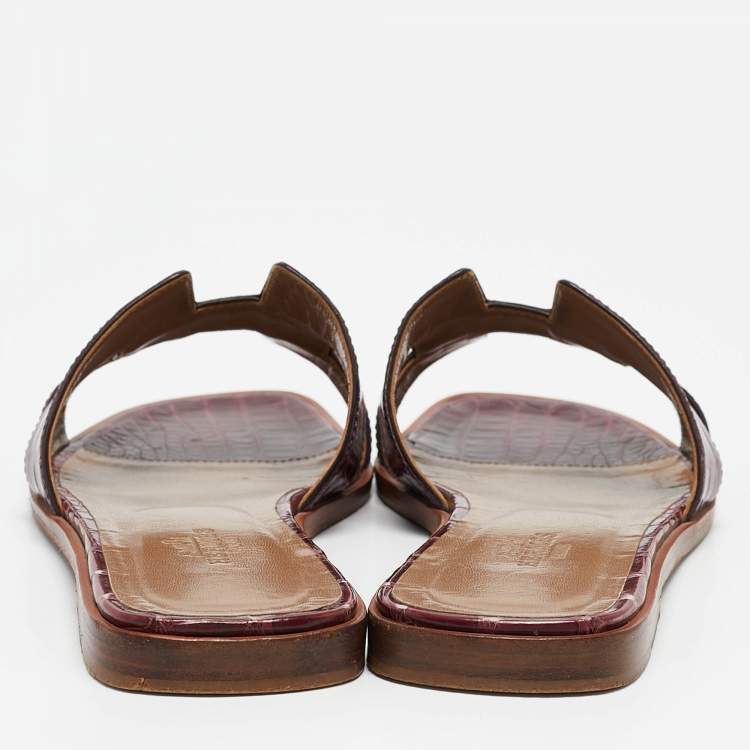 Pre Owned Hermes Purple Alligator Oran Flat Slides Size 37.5