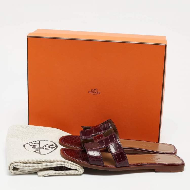 Pre Owned Hermes Purple Alligator Oran Flat Slides Size 37.5