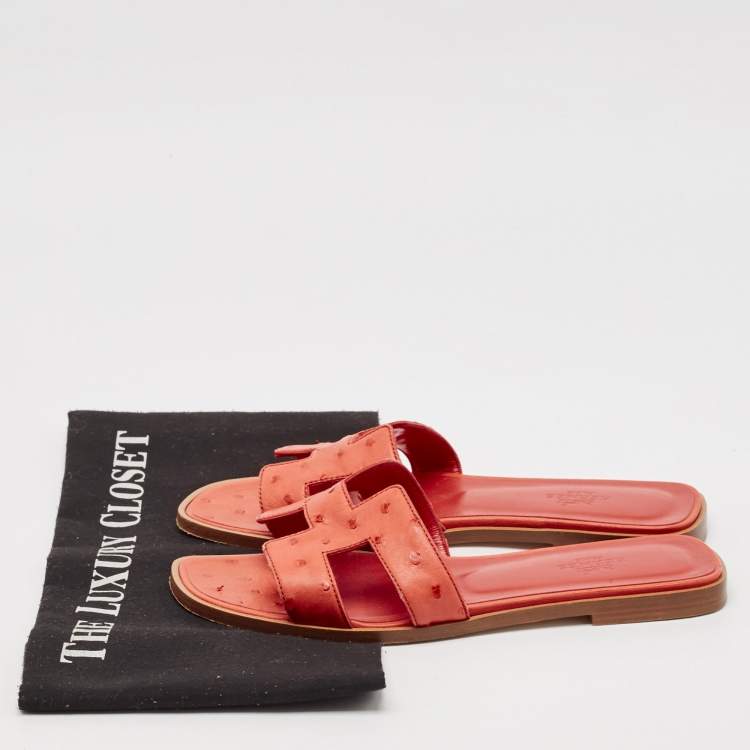 Pre Owned Hermes Orange Ostrich Leather Oran Flat Slides Size 36.5