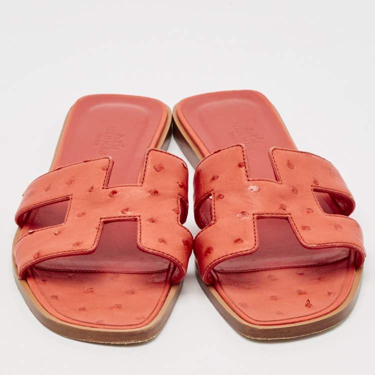 Pre Owned Hermes Orange Ostrich Leather Oran Flat Slides Size 36.5