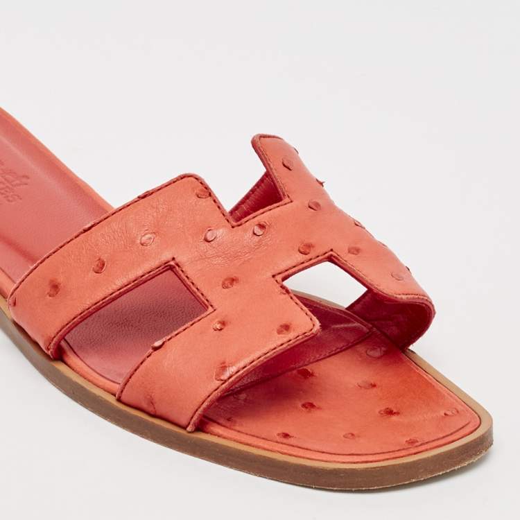 Pre Owned Hermes Orange Ostrich Leather Oran Flat Slides Size 36.5
