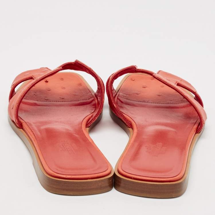 Pre Owned Hermes Orange Ostrich Leather Oran Flat Slides Size 36.5
