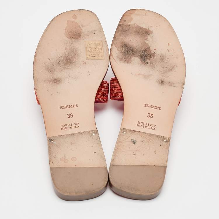 Pre Owned Hermes Orange Twisted Metal Thread Oran Slide Sandals Size 36