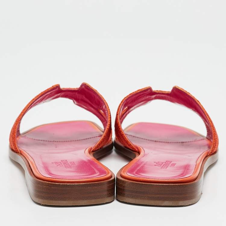 Pre Owned Hermes Orange Twisted Metal Thread Oran Slide Sandals Size 36