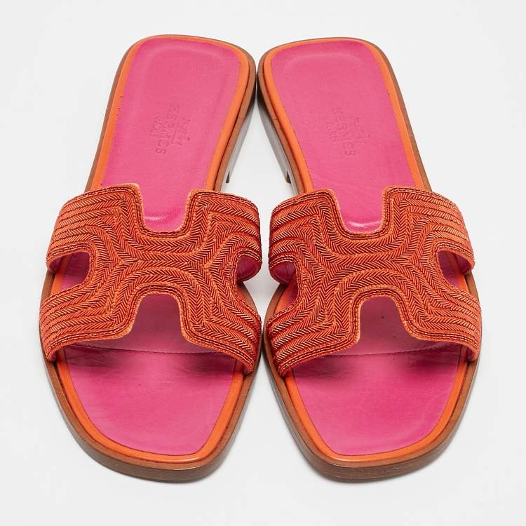 Pre Owned Hermes Orange Twisted Metal Thread Oran Slide Sandals Size 36