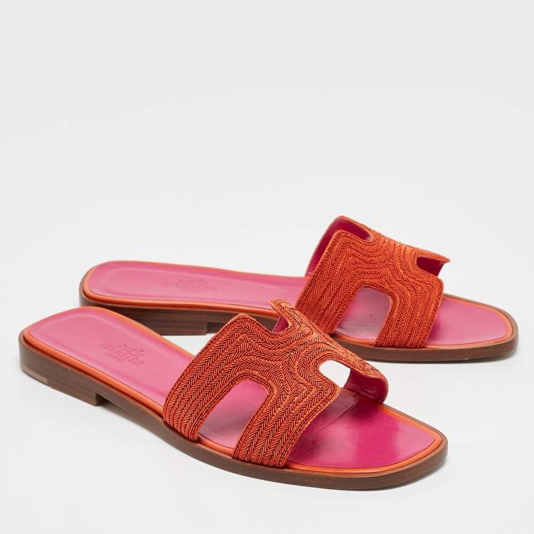 Pre Owned Hermes Orange Twisted Metal Thread Oran Slide Sandals Size 36