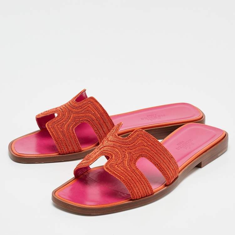 Pre Owned Hermes Orange Twisted Metal Thread Oran Slide Sandals Size 36