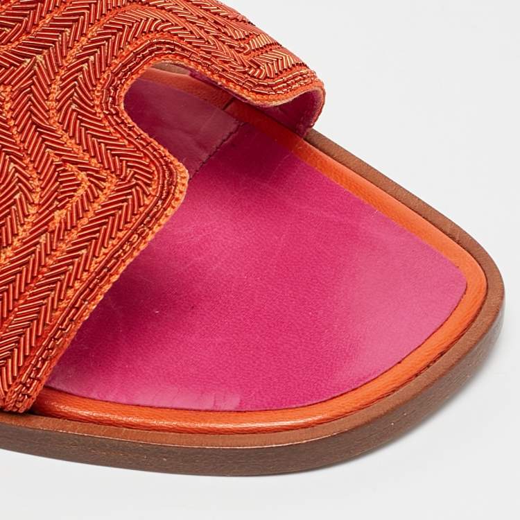 Pre Owned Hermes Orange Twisted Metal Thread Oran Slide Sandals Size 36