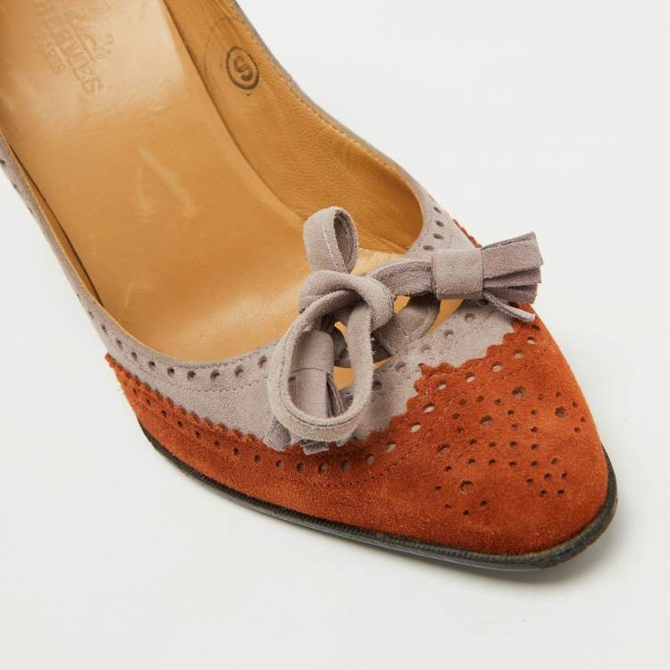 Pre Owned Hermes Multicolor Suede Brogue Bow Accents Pumps Size 37.5
