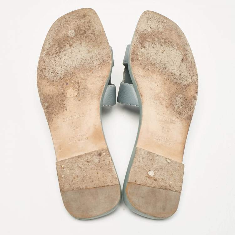 Pre Owned Hermes Grey Leather Oran Flat Slides Size 38