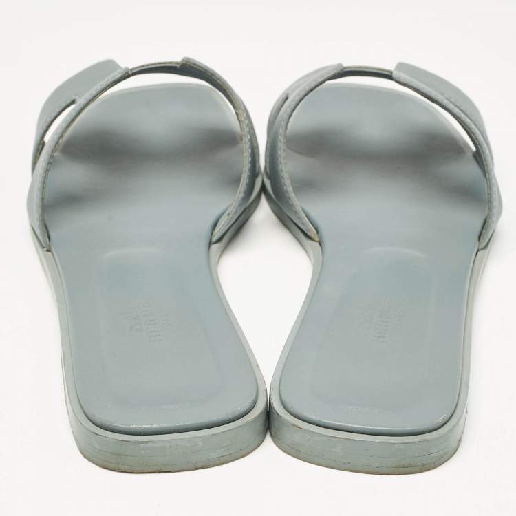 Pre Owned Hermes Grey Leather Oran Flat Slides Size 38