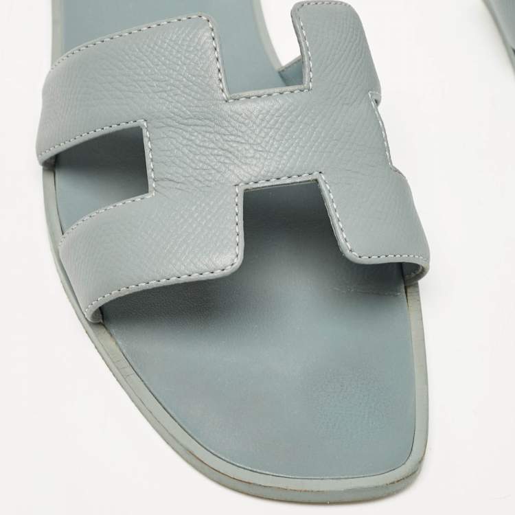 Pre Owned Hermes Grey Leather Oran Flat Slides Size 38