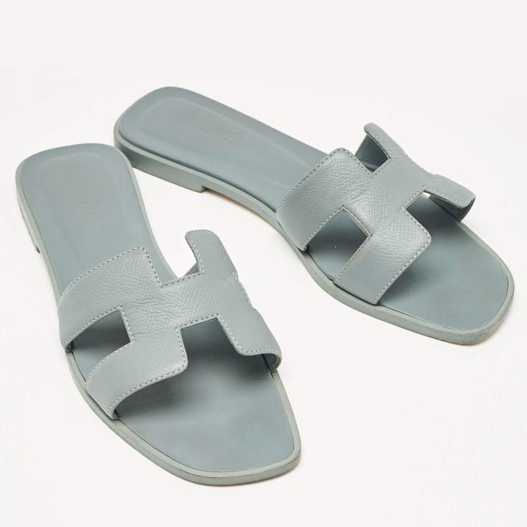 Pre Owned Hermes Grey Leather Oran Flat Slides Size 38