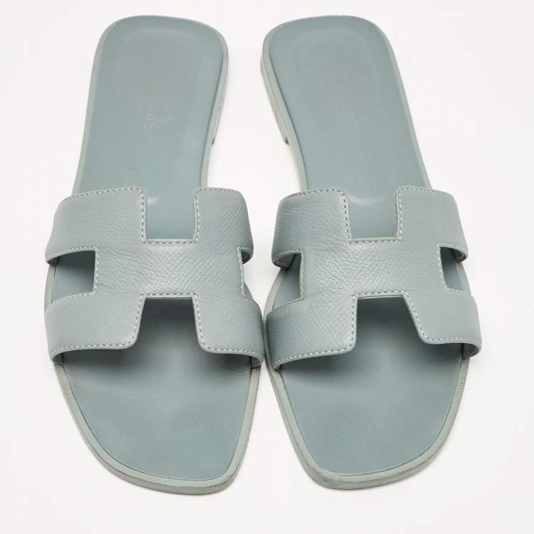 Pre Owned Hermes Grey Leather Oran Flat Slides Size 38