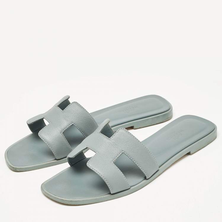 Pre Owned Hermes Grey Leather Oran Flat Slides Size 38