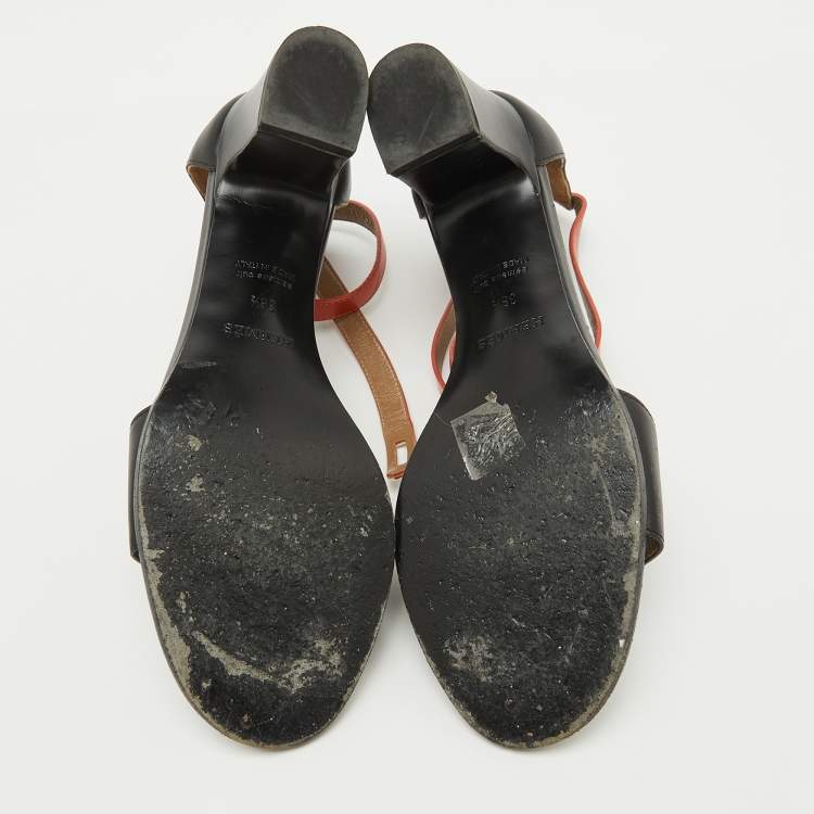 Pre Owned Hermes Black/Orange Leather Ankle Strap Sandals Size 38.5