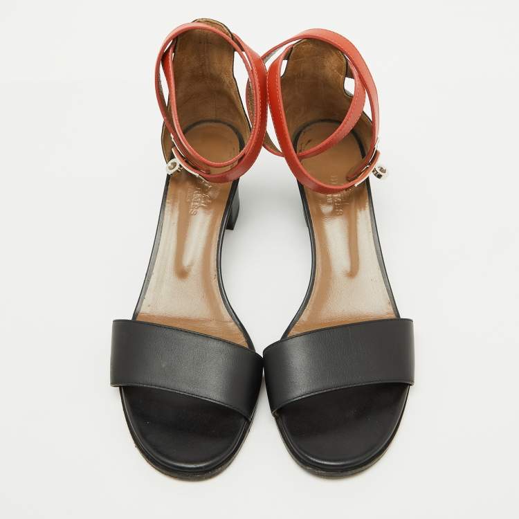 Pre Owned Hermes Black/Orange Leather Ankle Strap Sandals Size 38.5