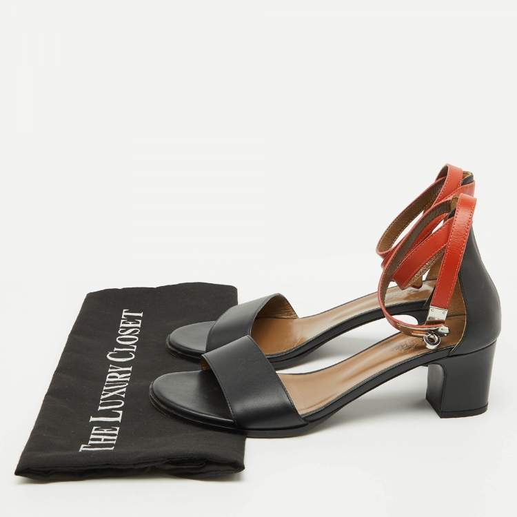 Pre Owned Hermes Black/Orange Leather Ankle Strap Sandals Size 38.5