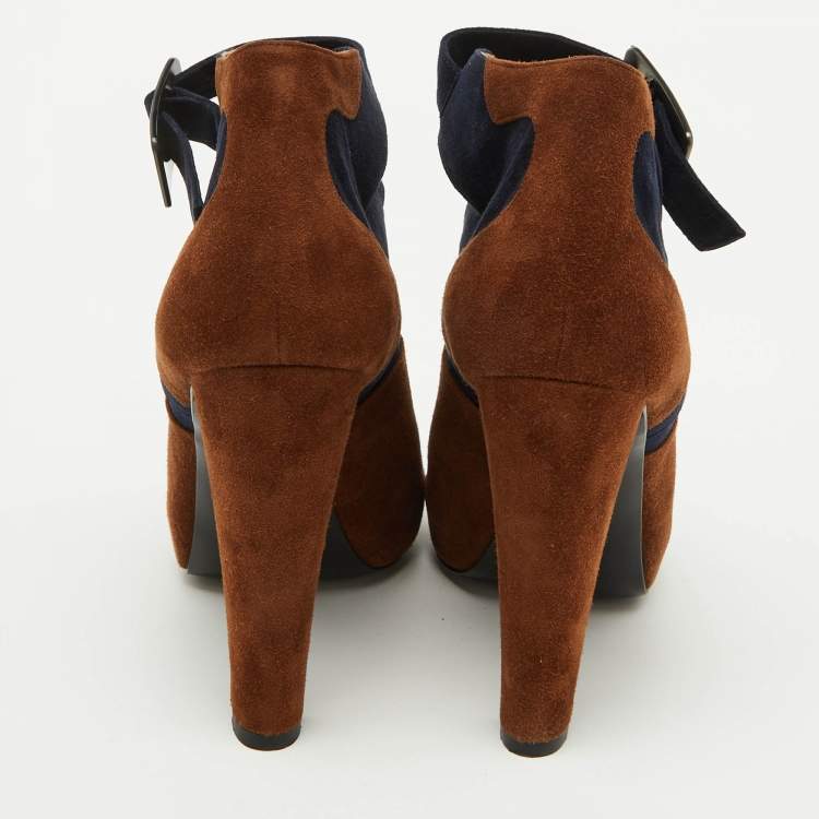 Pre Owned Hermes Brown/Blue Suede Double Ankle Strap Open Toe Booties Size 37