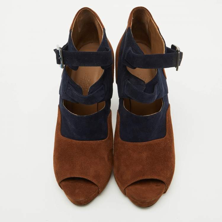 Pre Owned Hermes Brown/Blue Suede Double Ankle Strap Open Toe Booties Size 37