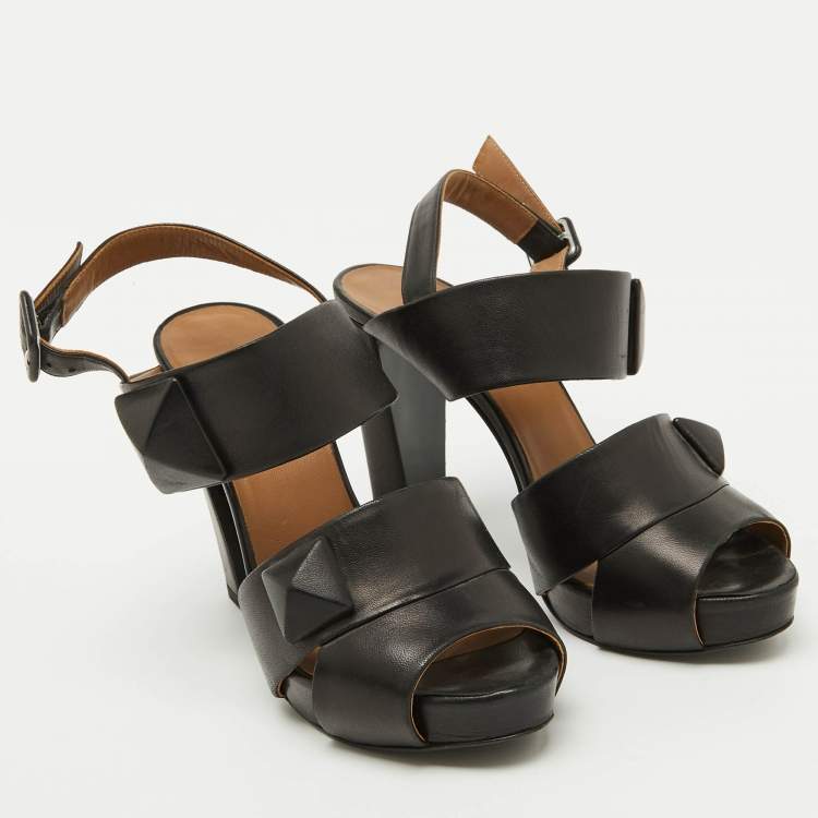 Pre Owned Hermes Black Leather Platform Ankle Strap Sandals Size 37