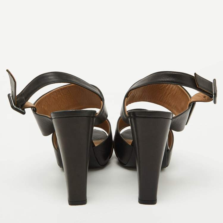 Pre Owned Hermes Black Leather Platform Ankle Strap Sandals Size 37