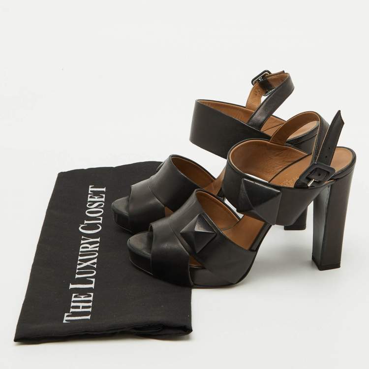 Pre Owned Hermes Black Leather Platform Ankle Strap Sandals Size 37