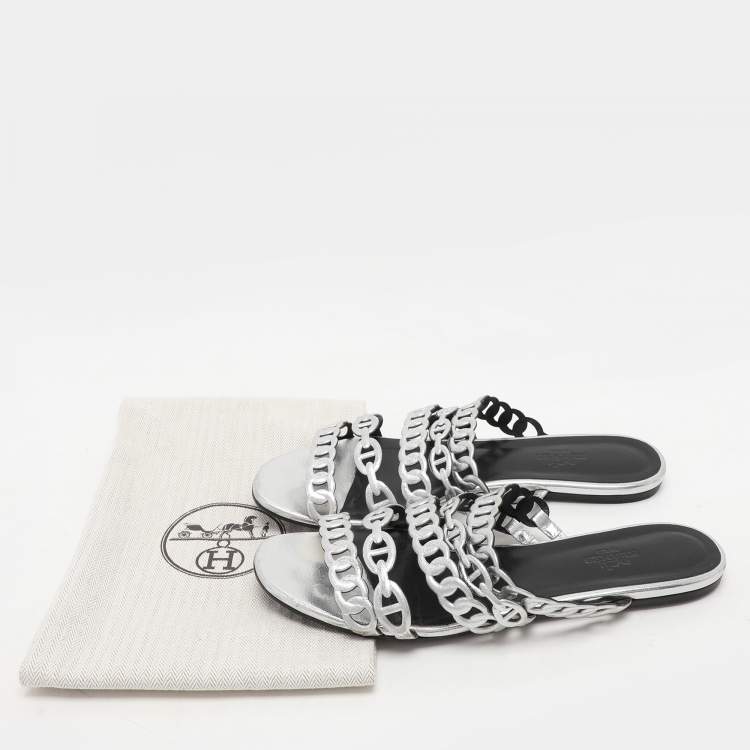 Pre Owned Hermes Silver Leather Chaine d'Ancre Flat Slides Size 37