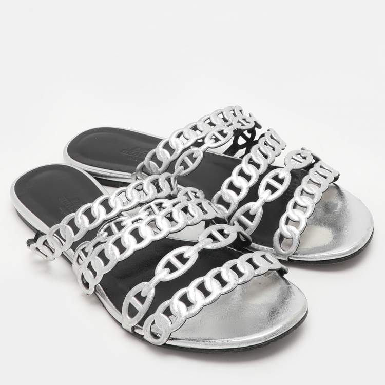 Pre Owned Hermes Silver Leather Chaine d'Ancre Flat Slides Size 37