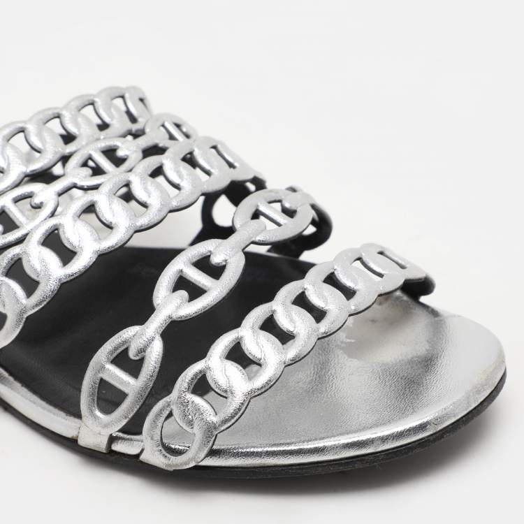 Pre Owned Hermes Silver Leather Chaine d'Ancre Flat Slides Size 37