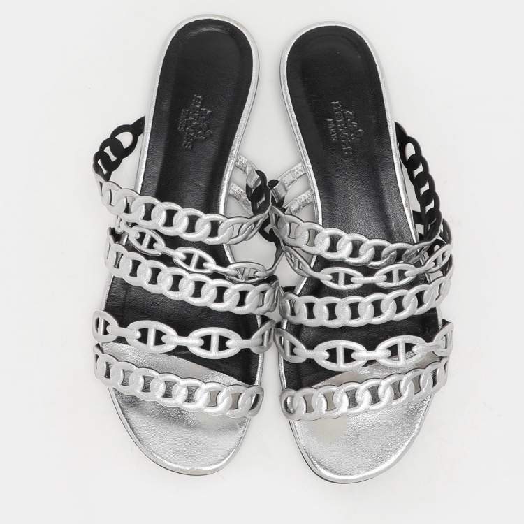 Pre Owned Hermes Silver Leather Chaine d'Ancre Flat Slides Size 37