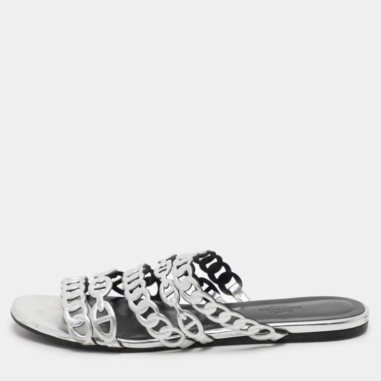 Pre Owned Hermes Silver Leather Chaine d'Ancre Flat Slides Size 37
