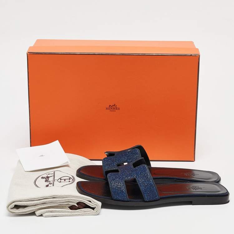 Pre Owned Hermes Blue Crystal Embellished Suede Oran Flat Slides Size 38