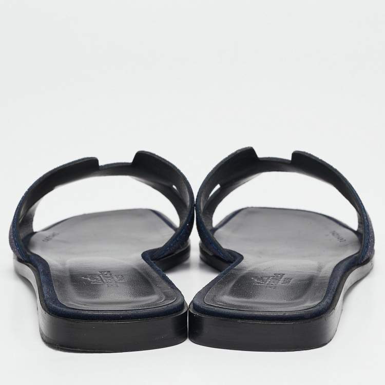 Pre Owned Hermes Blue Crystal Embellished Suede Oran Flat Slides Size 38
