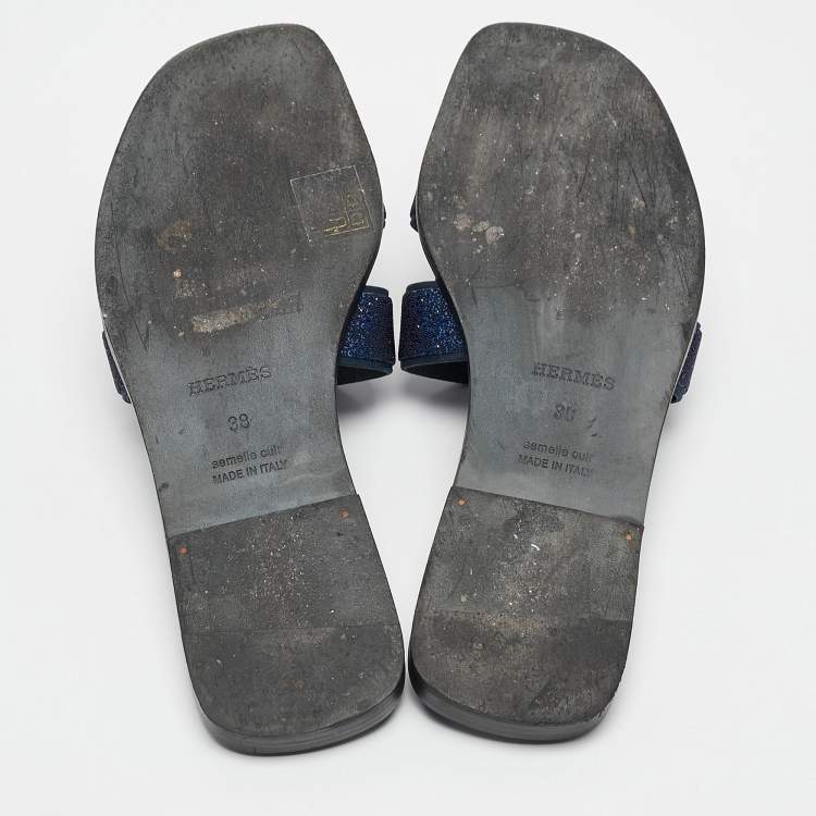Pre Owned Hermes Blue Crystal Embellished Suede Oran Flat Slides Size 38