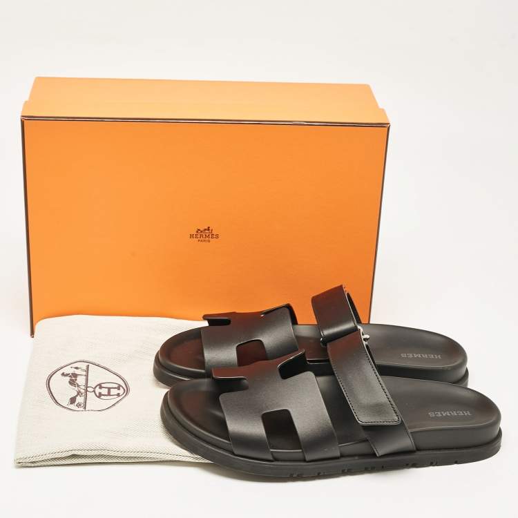 Pre Owned Hermes Black Leather Chypre Flat Sandals Size 40