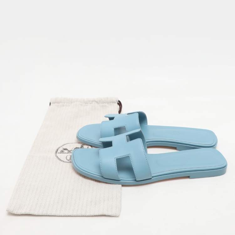 Pre Owned Hermes Blue Leather Oran Flats Size 38