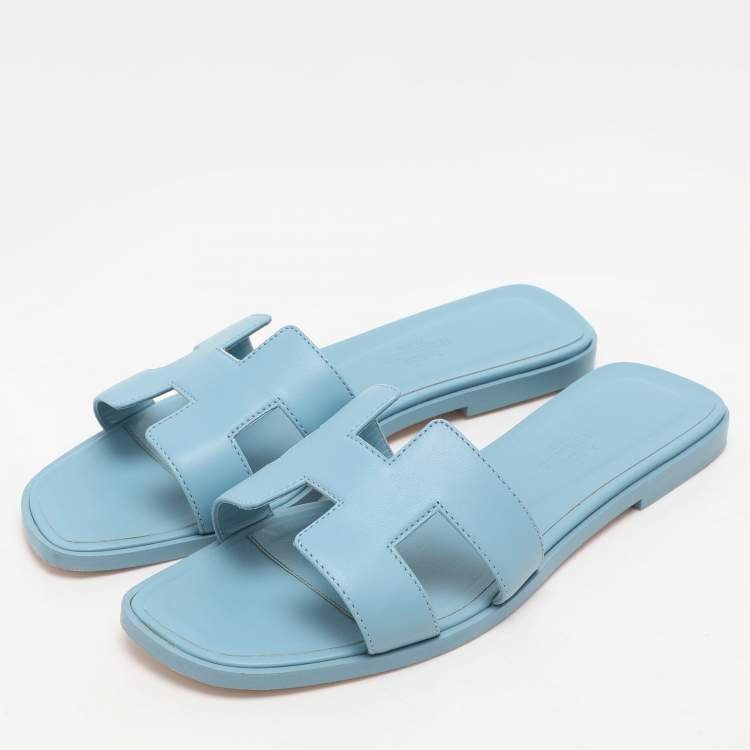 Pre Owned Hermes Blue Leather Oran Flats Size 38