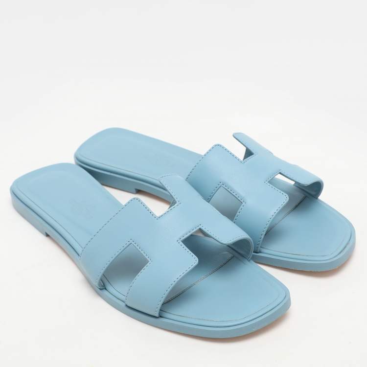 Pre Owned Hermes Blue Leather Oran Flats Size 38