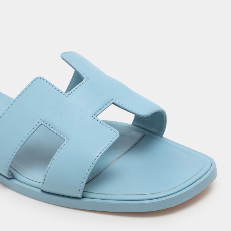 Pre Owned Hermes Blue Leather Oran Flats Size 38