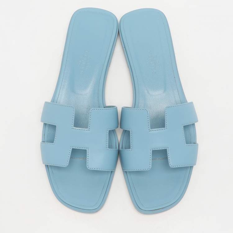 Pre Owned Hermes Blue Leather Oran Flats Size 38