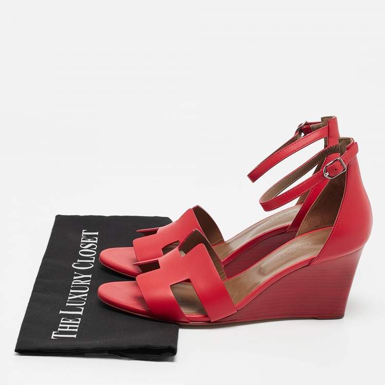 Pre Owned Hermes Orange Leather Legend Ankle Strap Wedge Sandals Size 40.5